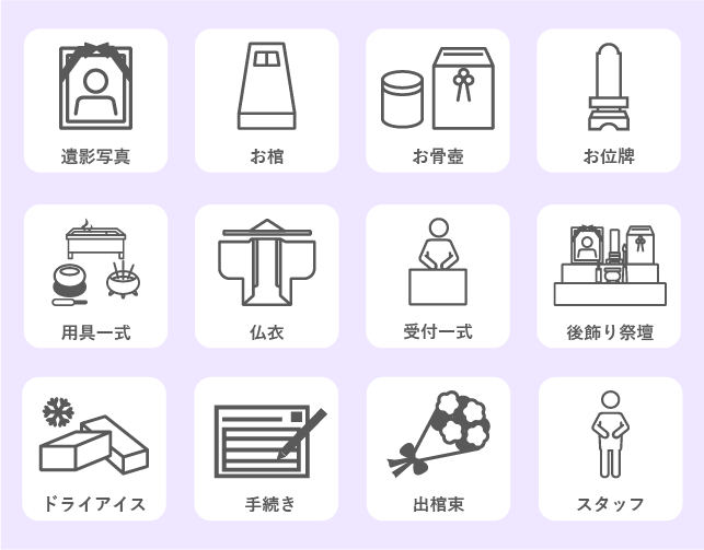 一日葬プラン、家族葬プラン、一般葬プランに含まれるもの